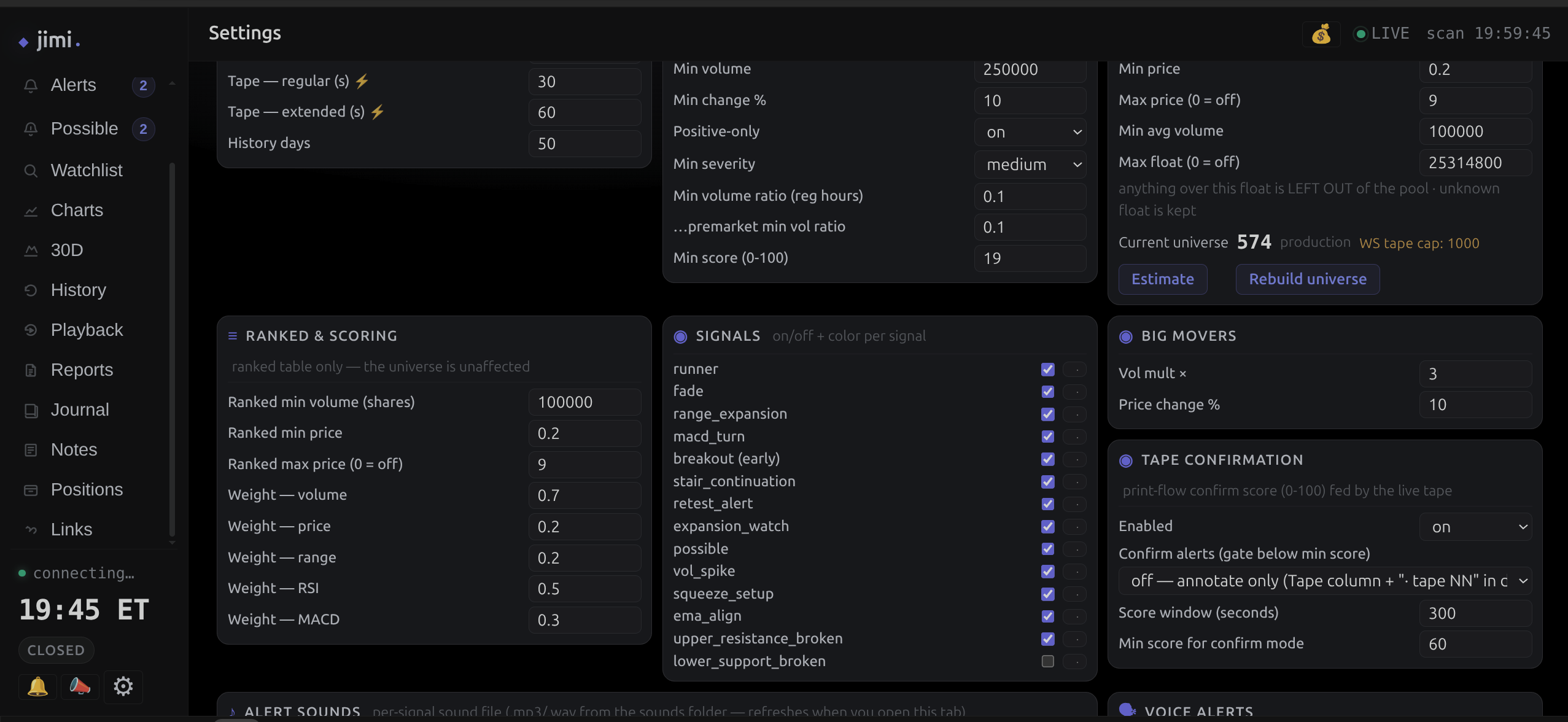 Settings, part one: tape windows, universe filters (min volume, min change %, price low-float screen), the ranking/scoring weights, and the signal list.