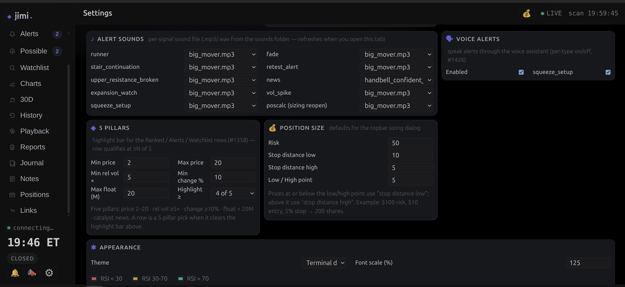Settings, part two: alert sounds, voice alerts, the five-pillar highlight rules, position-size defaults, and appearance.