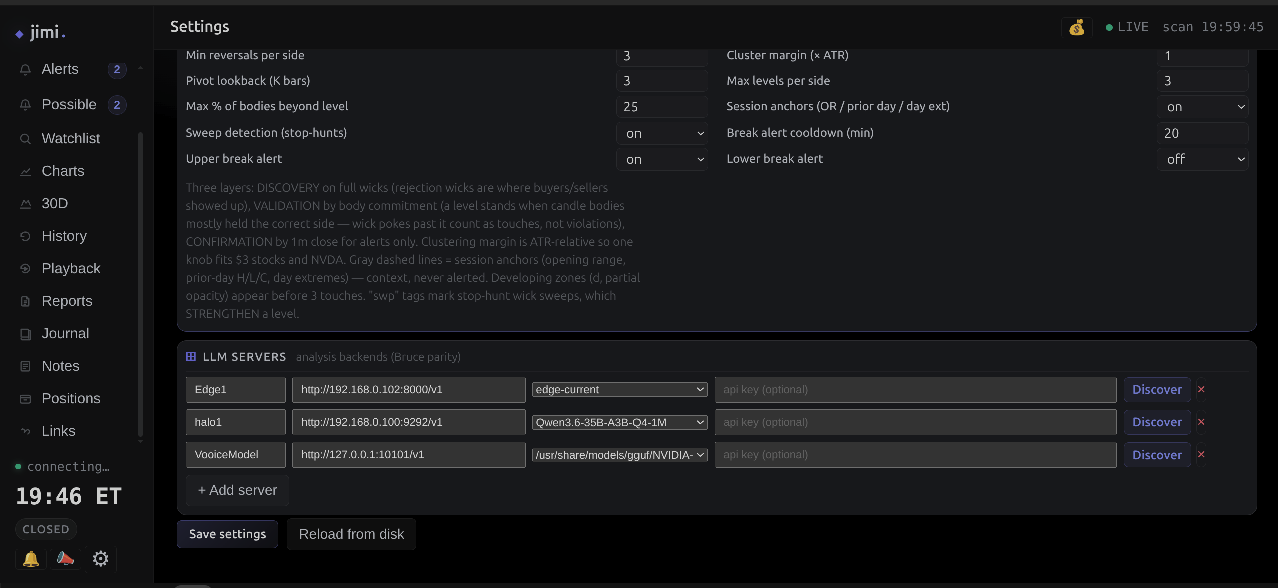 Settings, part three: the level-building logic (discovery, validation, confirmation) plus the LLM servers that power analysis.