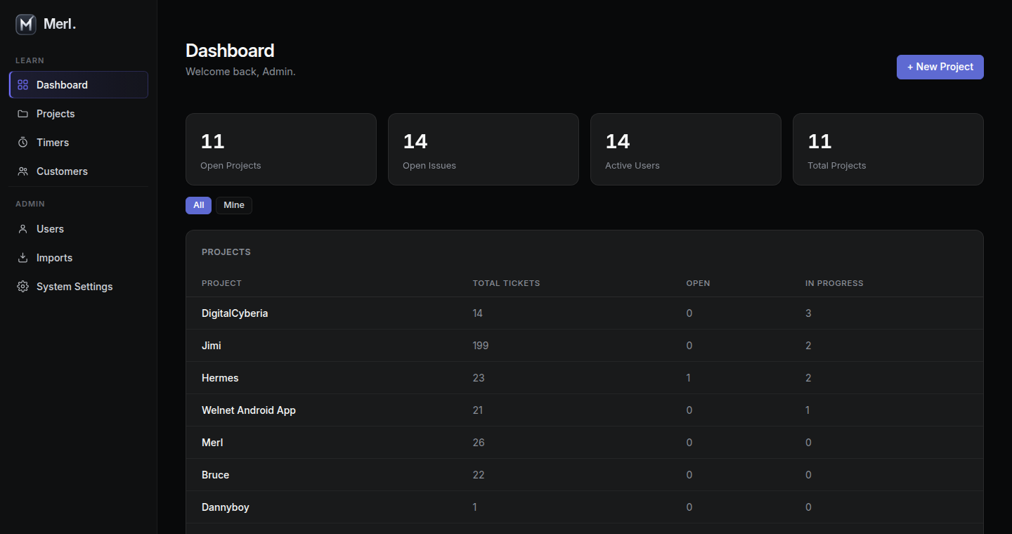 The Merl dashboard: eleven open projects, ticket counts, and the running ledger at a glance. Dark UI, no clutter — the whole tracker fits on one screen.